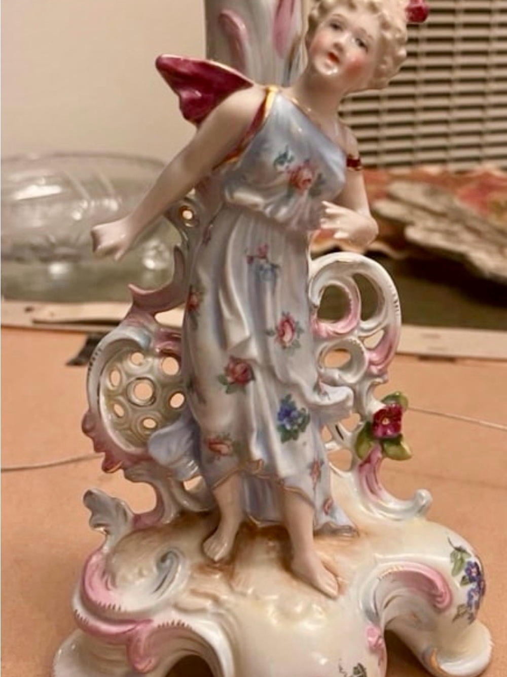 Porcelain Floral Figurine in Pastel White Pink Blue Vintage Dresden Shabby Chic